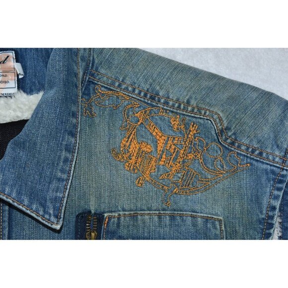 Indigo Red Denim Men's Vest Size 3XL Blue Sherpa Lined Embroidered Cotton Peace - Picture 3 of 16